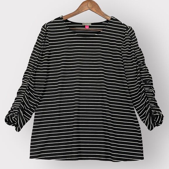 Vince Camuto Shirt Top Women 1X Black Striped Ruched Sleeves‎ V58 - Picture 1 of 15